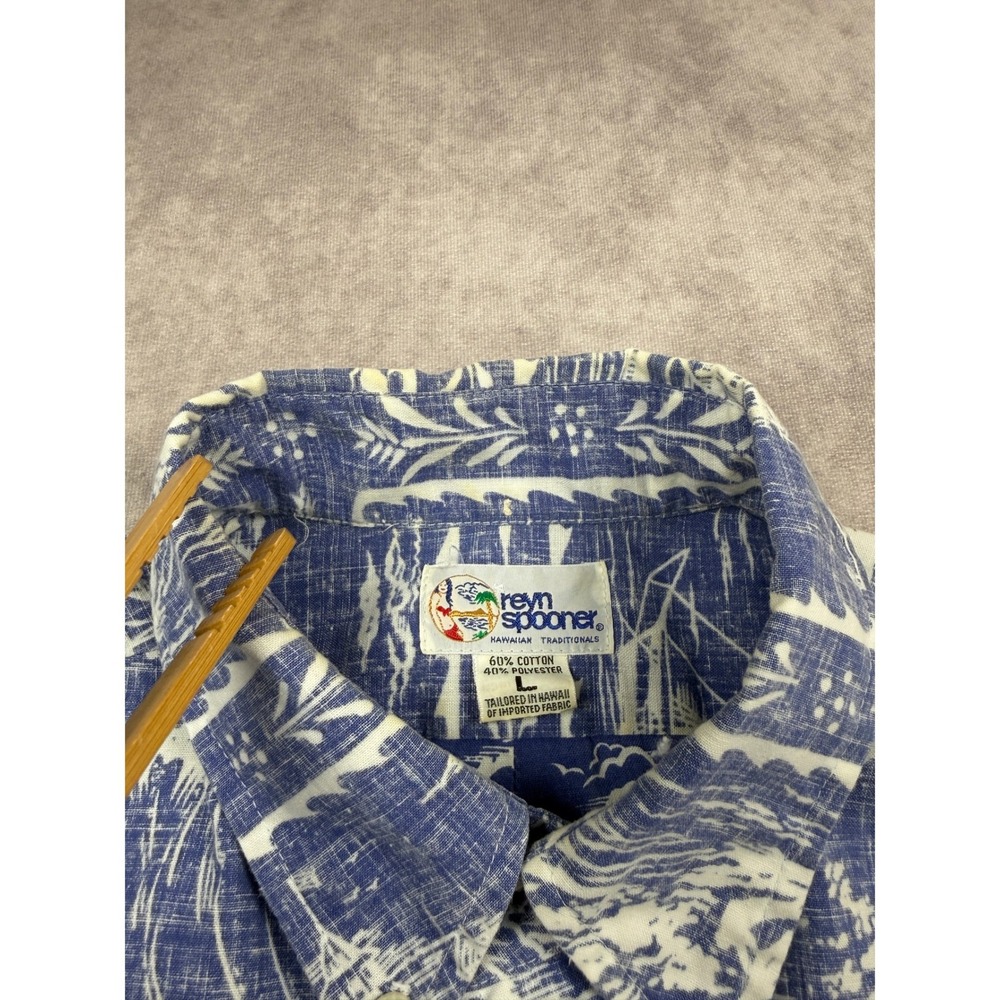 VTG Reyn Spooner Men L Blue White Ski Surf Beach Hawaiian Aloha Button Shirt USA - Picture 8 of 16